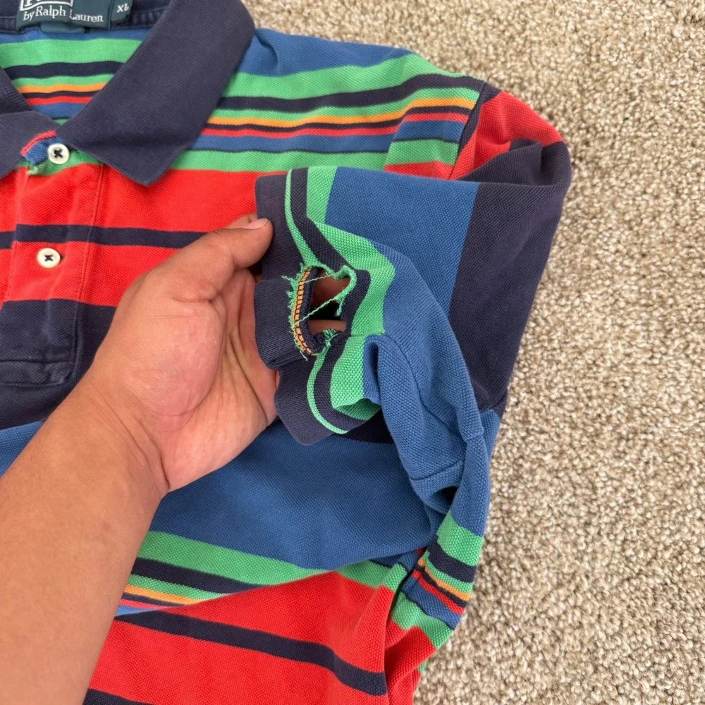 Polo Ralph Lauren Polo Shirt Men XL Multi Color Striped Short Sleeve Repair